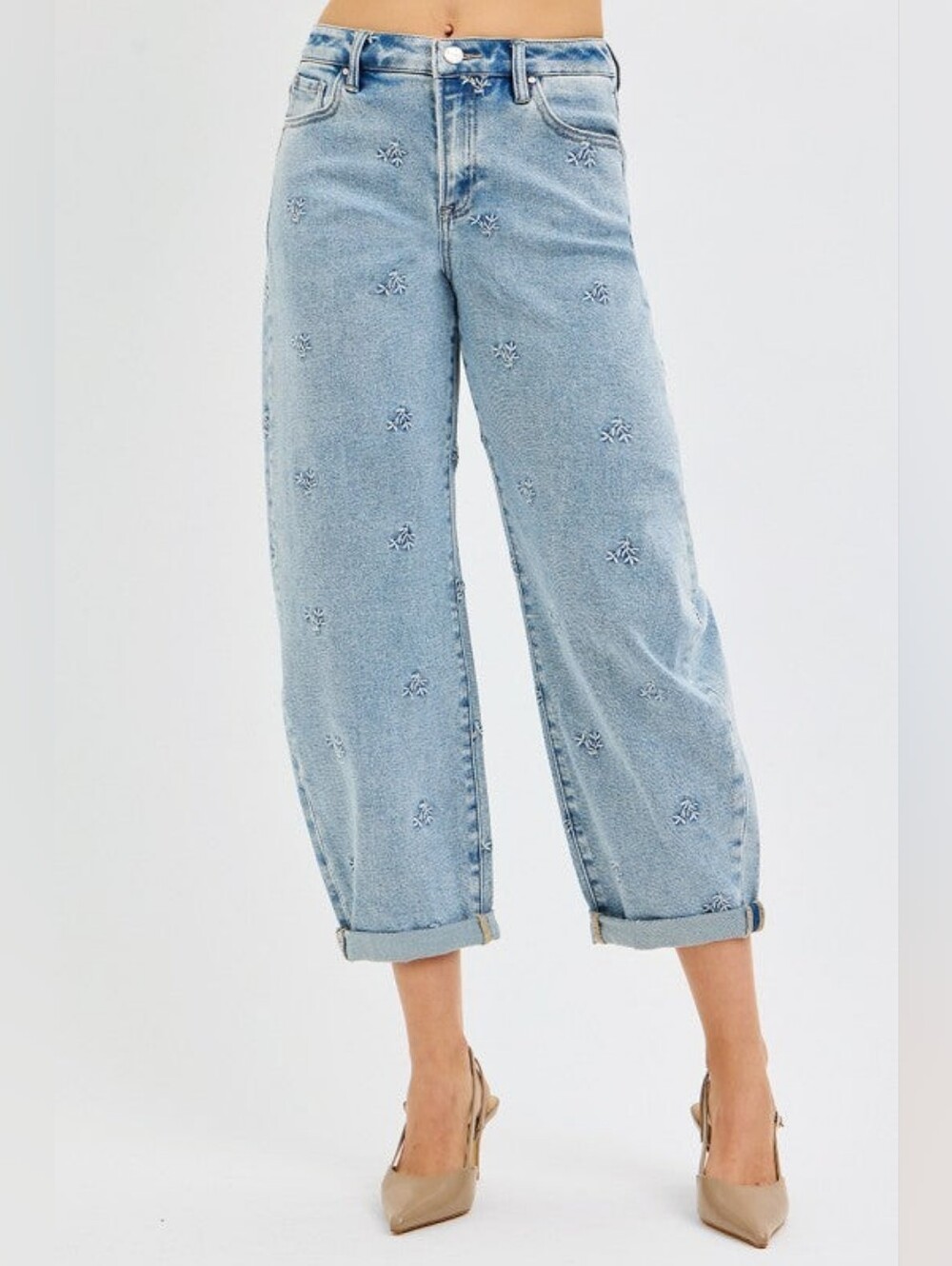 LAST PAIR! Risen Jeans High Rise Leaf Embroidered Barrel Jeans 9/29 NWT - Picture 2 of 16